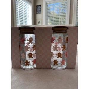 Gingerbread can glasses with wooden lids & glass straws- NWT